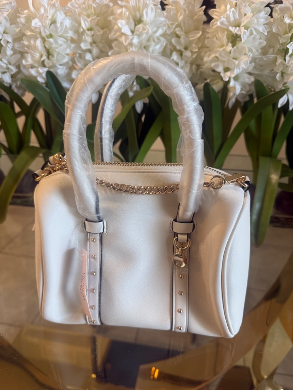 Victoria's Secret White Satchel with Gold Chain Accents
